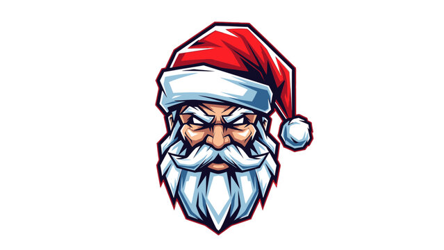 A cartoon illustration of a grumpy Santa Claus head mascot wearing a red hat on a white background.