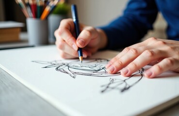 Hands sketching a fashion illustration in a sketchbook with a blue graphite pencil