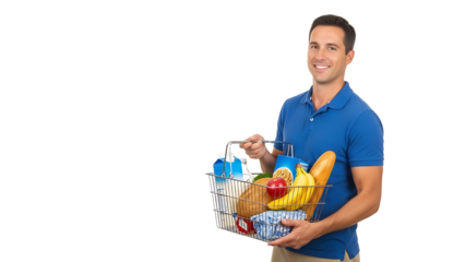 A man with grocery in a basket showing his happiness