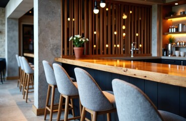 Naklejka premium Bar counter with upholstered stools in modern restaurant interior setting
