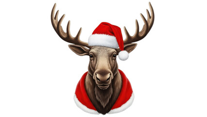 Detailed Moose Portrait Illustration Wearing Santa Hat and Red Christmas Cape isolated PNG with Transparent Background