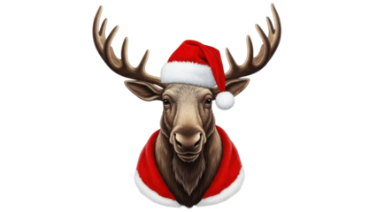 Detailed Moose Portrait Illustration Wearing Santa Hat and Red Christmas Cape isolated PNG with Transparent Background