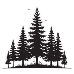 Fototapeta premium Black silhouette of pine trees on white background with birds flying overhead tree silhouettes black and white