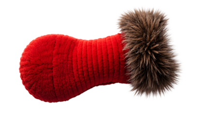 Bright red plush dog toy shaped like a bone with luxurious brown and white faux fur trim on black