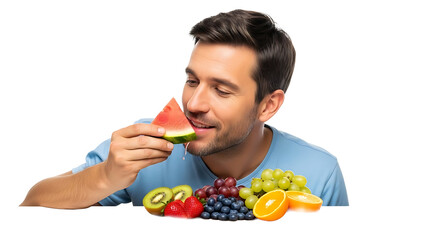 A man enjoys the aroma of a watermelon slice, surrounded by other fruits