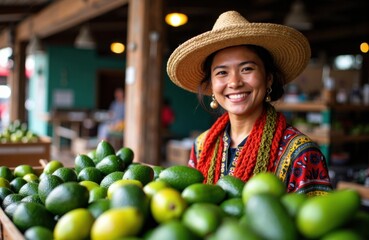 Woman smiling at farmers market stall surrounded by fresh avocados and produce