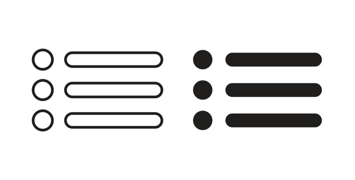Bulleted list icons in line designs. solid silhouette style in black
