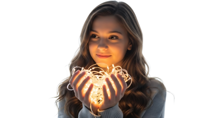A young woman holding glowing string lights in her hands, radiating warmth and joy