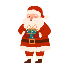Cute Santa Claus in a classic red suit holding a wrapped gift. Festive vector illustration perfect for Christmas cards, holiday designs, banners, and seasonal decor