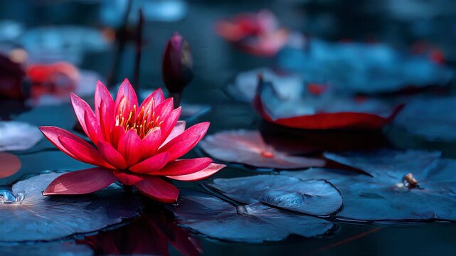 red lotus water lily blooming on water surface and dark blue leaves toned, purity nature background
