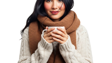 Cozy portrait of a woman wearing a scarf and holding a cup