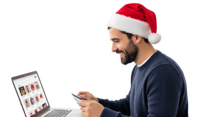 Man using a laptop and credit card while wearing Santa hat, depicting online Christmas shopping