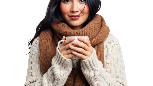 Cozy portrait of a woman wearing a scarf and holding a cup - Powered by Adobe