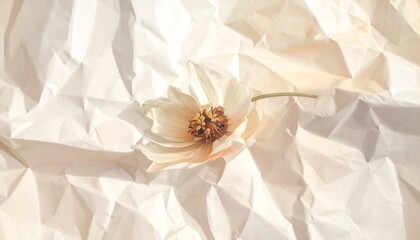Close-up of a delicate, pale flower resting on a crumpled, off-white paper surface