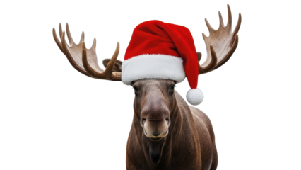 Festive Moose Wearing a Red and White Santa Hat, Holiday Animal Portrait isolated PNG with Transparent Background