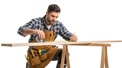 Craftsman meticulously measuring and marking a wooden plank, demonstrating precision and expertise in carpentry