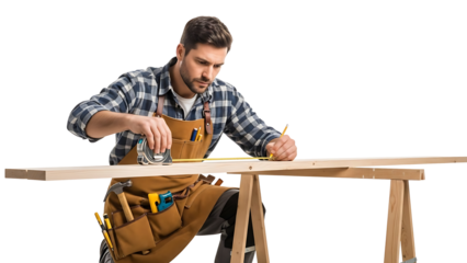 Craftsman meticulously measuring and marking a wooden plank, demonstrating precision and expertise in carpentry