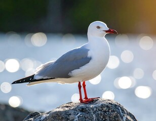 Obraz premium A detailed photograph of a bird standing on a rock. Its white head and grey wings contrast with its vibrant red beak and legs. Bright bokeh is in the background