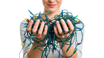 A woman holding string lights in preparation for the holidays