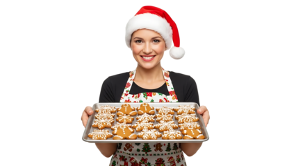 A woman in Santa's hat smiling holds a tray of gingerbread cookies