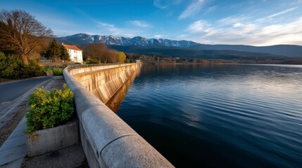 Scenic sunrise reflection over serene lake mountain view landscape photography calm waters nature&rsquo;s beauty