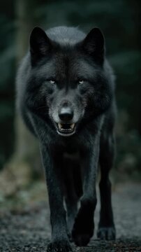 Black wolf walks through dark forest capturing its environment with focused eyes and powerful presence