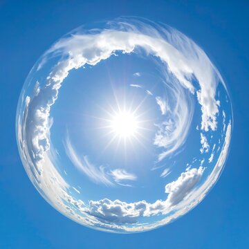 Bright sunshine sphere with clouds swirling around a central sun in vivid blue sky