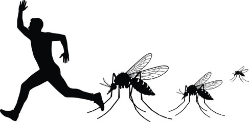 Silhouette of man running from giant mosquitoes humorous insect chase vector illustration for pest control concepts designs graphics and creative artwork © Moniruzzaman