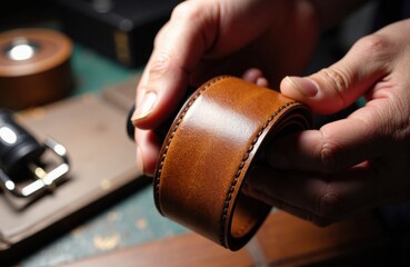 Hands holding rolled leather belt in artisan workshop with tools and craftsmanship