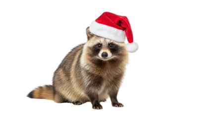 Cute Tanuki Raccoon Dog Wearing Red Christmas Santa Hat Isolated Product Shot isolated PNG with Transparent Background