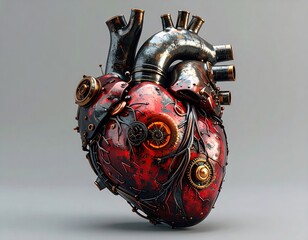 Steampunk heart, metallic, intricate, red, dark, mechanical
