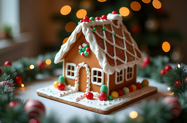 Gingerbread house with icing and candies for Christmas