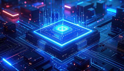 Futuristic circuit board, glowing chip