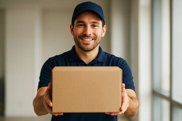 Smiling delivery man in blue uniform holding a cardboard box towards camera in bright indoor setting with soft light background. Ai generative