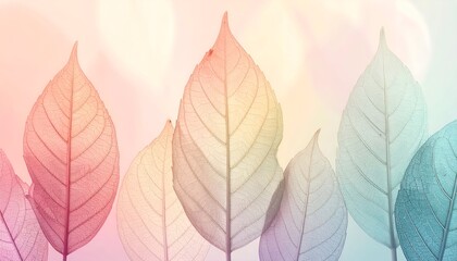 Obraz premium Close-up of several delicate leaves with visible veins against a pastel, blurred background