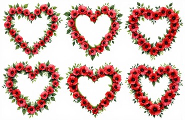 Floral hearts formed from red roses arranged in decorative heart shapes