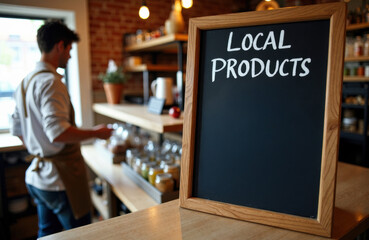 Local products on display beside a bustling shop counter with a chalkboard