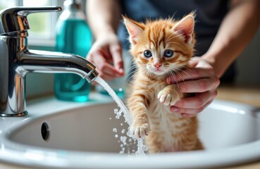 Orange kitten held over sink exploring running faucet with curious expression