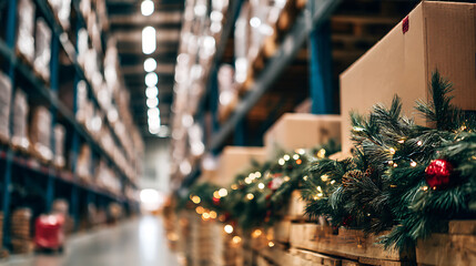 Festive decorations adorn a warehouse, blending holiday cheer with industrial efficiency, as greenery and lights brighten the space, adding warmth to logistics.