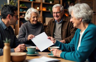 Senior group reviewing documents and sharing coffee in a cozy cafe setting