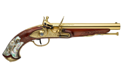 Isolated antique flintlock pistol, classic percussion firearm weapon with golden decorations