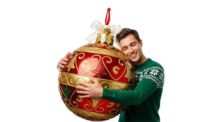 A man embracing a large Christmas ornament, showing the festive season spirit 