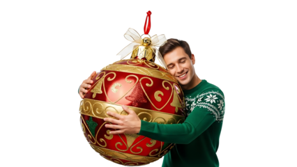 A man embracing a large Christmas ornament, showing the festive season spirit 