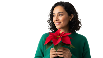 A woman holding a vibrant red poinsettia flower, smiling, and looking away