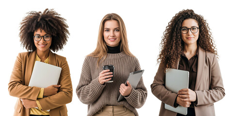 group of young people holding tablet and laptop isolated on white