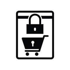 Padlock rests above shopping cart within mobile device interface signifying secure online transaction