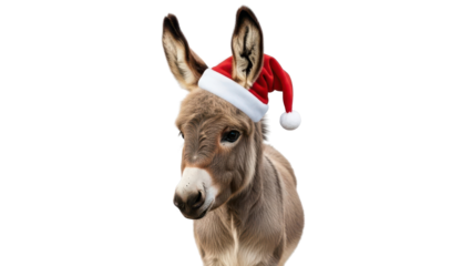 Cute Baby Donkey Wearing a Red Santa Hat for Christmas Holidays isolated PNG with Transparent Background