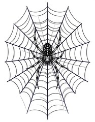 Obraz premium A detailed illustration of a spider centered within its web, constructed with radiating lines against a white background