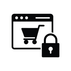 Padlock secures shopping cart inside browser window representing safe online transaction system