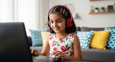 Happy girl learning remotely with laptop and red headphones
